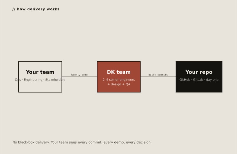 Delivery topology — your team, our team, your repo, with weekly demo and daily commits.